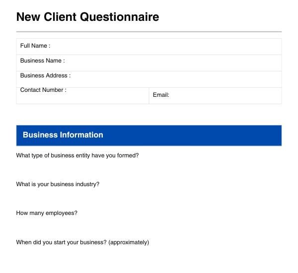 New client questionnaire form template for CPAs and bookkeepers