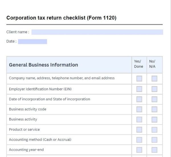 Corporation tax return checklist (Form 1120)