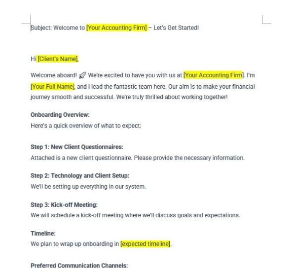 Client onboarding welcome email - Word